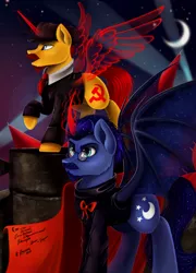 Size: 1280x1780 | Tagged: safe, artist:das_leben, derpibooru import, ponified, bat pony, earth pony, pony, alicornification, clothes, communism, crescent moon, duo, facial hair, history, lenin, male, moon, night, raised hoof, revolution, russia, russian revolution, soviet, spread wings, stallion, trotsky, wings