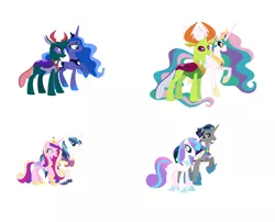 Size: 2160x1748 | Tagged: artist:snufflebug, changedling, changedling brothers, changeling, derpibooru import, female, flurrybra, good king sombra, king sombra, king thorax, lunarynx, male, pharynx, prince pharynx, princess cadance, princess celestia, princess flurry heart, princess luna, safe, shining armor, shiningcadance, shipping, simple background, straight, thoralestia, thorax, white background