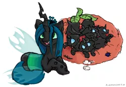 Size: 1730x1200 | Tagged: artist:kameomia, changeling, cute, cutealis, cuteling, dead source, derpibooru import, grub, i made this, mommy chrissy, nymph, pillow, ponified animal photo, prone, queen chrysalis, safe, simple background, white background