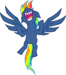 Size: 6400x7315 | Tagged: safe, artist:parclytaxel, derpibooru import, part of a set, rainbow dash, pegasus, pony, secrets and pies, .svg available, absurd resolution, evil laugh, evil pie hater dash, female, final form, flying, laughing, mare, nose in the air, sharp teeth, simple background, solo, teeth, transparent background, vector