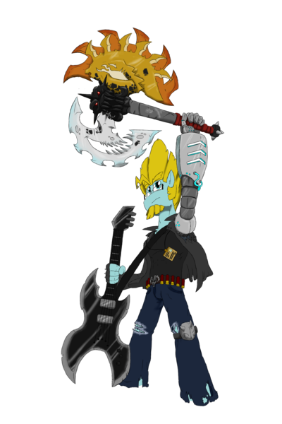 Size: 1400x2100 | Tagged: amputee, anthro, artist:sanyo2100, axe, brutal equestria, derpibooru import, guitar, male, oc, oc:tech gear, pose, prosthetic arm, prosthetic limb, prosthetics, safe, shotgun shell, simple background, solo, unofficial characters only, weapon