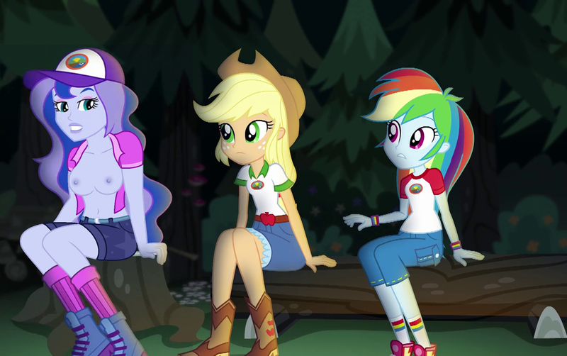 Size: 1148x720 | Tagged: questionable, derpibooru import, edit, edited edit, edited screencap, editor:ah96, editor:slayerbvc, screencap, applejack, princess luna, rainbow dash, equestria girls, legend of everfree, applejack's hat, boots, braless, breast edit, breasts, casual nudity, clothed female nude female, clothes, cowboy boots, cowboy hat, exposed breasts, female, hat, image, nipples, nude edit, nudity, open clothes, open shirt, partial nudity, partial nudity edit, png, practitioner of naturism, shoes, shoes only, vice principal luna