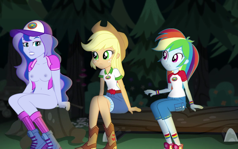 Size: 1148x720 | Tagged: questionable, derpibooru import, edit, edited edit, edited screencap, editor:ah96, editor:slayerbvc, screencap, applejack, princess luna, rainbow dash, equestria girls, legend of everfree, applejack's hat, boots, braless, breast edit, breasts, casual nudity, clothed female nude female, clothes, cowboy boots, cowboy hat, female, hat, nipples, nude edit, nudity, open clothes, open shirt, practitioner of naturism, shoes, shoes only, vice principal luna