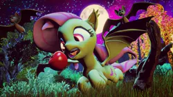 Size: 3840x2160 | Tagged: safe, artist:dj-chopin, derpibooru import, fluttershy, bat, bat pony, 3d, apple, fangs, flutterbat, flying, food, full moon, moon, open mouth, poster, race swap, solo, source filmmaker