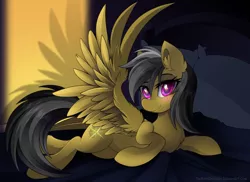 Size: 900x654 | Tagged: safe, artist:thenornonthego, derpibooru import, daring do, pegasus, pony, bed, bedroom eyes, blushing, cute, daring dorable, female, looking at you, lying down, mare, prone, smiling, solo, spread wings, wings