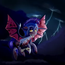 Size: 3000x3000 | Tagged: semi-grimdark, artist:dino, artist:dinoalpaka, derpibooru import, oc, oc:dawn sentry, unofficial characters only, bat pony, bandage, bat wings, blood, cloud, cloudy, damaged wings, female, helmet, mare, rcf community, thunder, wounded warriors