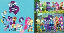 Size: 3670x1920 | Tagged: safe, derpibooru import, screencap, applejack, fluttershy, pinkie pie, rainbow dash, rarity, sci-twi, spike, spike the regular dog, sunset shimmer, twilight sparkle, dog, equestria girls, equestria girls series, legend of everfree, comparison, converse, humane five, humane seven, humane six, shoes, super ponied up