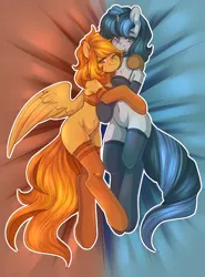 Size: 2016x2718 | Tagged: source needed, suggestive, artist:airiniblock, derpibooru import, oc, oc:firetale, oc:mirror image, unofficial characters only, pegasus, pony, unicorn, bedsheets, bipedal, bra, bra on pony, clothes, cuddling, duo, duo female, featureless crotch, female, high res, horn, looking at you, mare, one eye closed, rcf community, smiling, stockings, thigh highs, underwear, wings