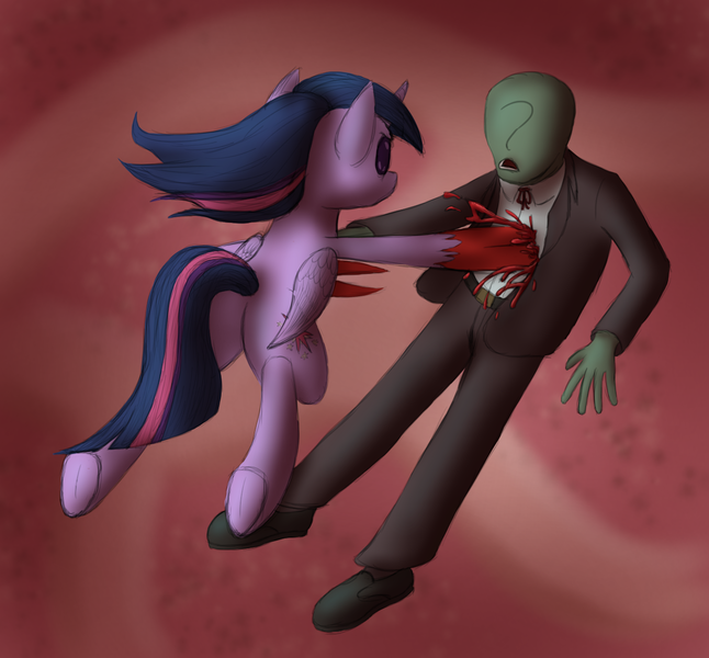 Size: 1326x1232 | Tagged: semi-grimdark, artist:panzerhi, derpibooru import, twilight sparkle, twilight sparkle (alicorn), oc, oc:anon, alicorn, human, pony, anonbuse, blood, claws, crossover, they bleed pixels