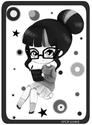 Size: 700x949 | Tagged: safe, artist:electricshine, derpibooru import, sci-twi, twilight sparkle, equestria girls, book, chibi, clothes, cute, glasses, grayscale, hair bun, looking at you, monochrome, pleated skirt, shoes, skirt, socks, solo, sweater, twiabetes