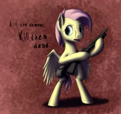 Size: 1357x1275 | Tagged: semi-grimdark, artist:panzerhi, derpibooru import, fluttershy, pegasus, pony, alternate hairstyle, bipedal, gun, hoof hold, looking sideways, open mouth, pouch, scar, short hair, short mane, shotgun, spread wings, weapon, wings