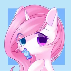 Size: 1500x1500 | Tagged: safe, artist:leafywind, derpibooru import, oc, unofficial characters only, pony, unicorn, abstract background, bust, candy, female, food, mare, portrait, solo