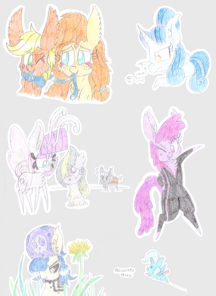 Size: 4438x6079 | Tagged: safe, artist:dragonpone, derpibooru import, applejack, juicy fruit, limestone pie, marble pie, maud pie, pear butter, trixie, oc, oc:cerulean swirls, oc:ghostwhite, alicorn, breezie, earth pony, food pony, monster pony, mushroom pony, original species, pie pony, pony, tatzlpony, unicorn, absurd resolution, alicornified, bipedal, blushing, breeziefied, cape, cheek fluff, chest fluff, choker, clothes, colored pencil drawing, dandelion, ear fluff, flying, food, freckles, grass, grumpy, jumpsuit, looking at each other, mauzie, mushroom, one eye closed, pie, race swap, sketch, sketch dump, smiling, species swap, spiked choker, tattoo, tatzljack, tentacle tongue, tentacles, tongue out, traditional art, trixie's cape, yo-yo