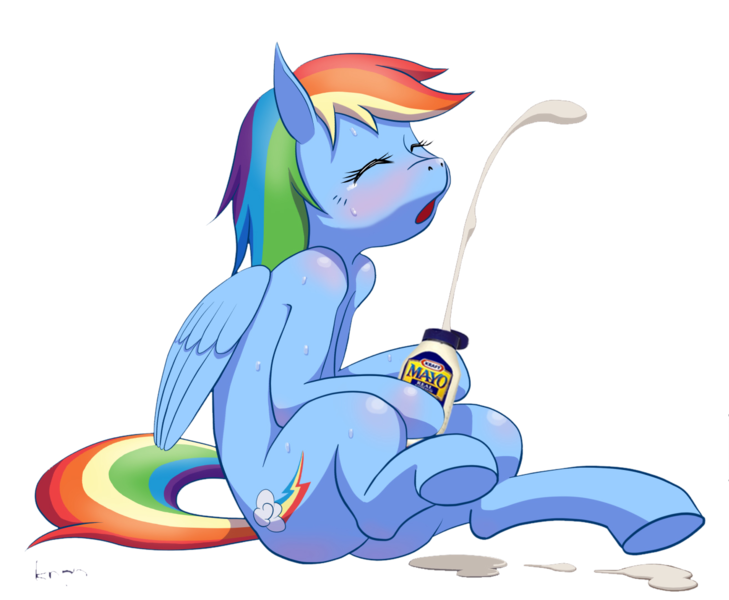 Size: 1313x1080 | Tagged: questionable, artist:knpn, derpibooru import, edit, rainbow dash, pegasus, pony, backwards cutie mark, blushing, cum, cumming, cute, cute porn, food, implied cum, implied futa, implied masturbation, implied orgasm, implied penis, intersex, mayonnaise, not porn, sauce, simple background, solo, transparent background, underhoof