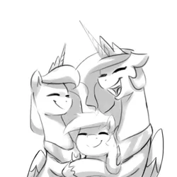 Size: 1200x1200 | Tagged: safe, artist:anticular, derpibooru import, princess celestia, princess luna, oc, oc:anticular pony, pony, ask sunshine and moonbeams, eyes closed, female, grayscale, group hug, hug, jewelry, mare, monochrome, open mouth, regalia, royal sisters, simple background, smiling, trio, white background