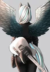 Size: 1400x2000 | Tagged: safe, artist:di-dash, derpibooru import, oc, oc:crosswind, unofficial characters only, anthro, pegasus, anthro oc, clothes, female, gloves, guitar, jacket, mare, rear view, solo, spread wings, wings, ych result