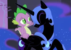 Size: 3507x2452 | Tagged: safe, artist:porygon2z, derpibooru import, nightmare moon, spike, alicorn, dragon, pony, crack shipping, cute, duo, eyes closed, looking at each other, moonabetes, nicemare moon, shipping, smiling, spikemoon