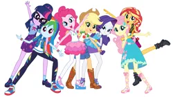 Size: 8000x4500 | Tagged: safe, derpibooru import, official, applejack, fluttershy, pinkie pie, rainbow dash, rarity, sci-twi, sunset shimmer, twilight sparkle, equestria girls, equestria girls series, absurd resolution, clothes, converse, cowboy hat, dress, feet, freckles, geode of empathy, geode of shielding, geode of sugar bombs, geode of super speed, geode of super strength, geode of telekinesis, glasses, hat, humane five, humane seven, humane six, lidded eyes, looking at you, magical geodes, open mouth, pants, pantyhose, promotional art, sandals, shoes, simple background, smiling, sneakers, stetson, white background