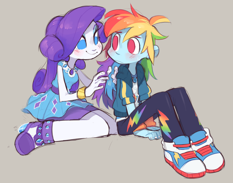 Size: 1460x1145 | Tagged: safe, artist:xenon, derpibooru import, rainbow dash, rarity, equestria girls, equestria girls series, blushing, clothes, converse, duo, eyeshadow, female, gray background, kneeling, lesbian, looking at each other, makeup, multicolored hair, pants, raridash, shipping, shirt, shoes, simple background, sitting, smiling