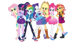 Size: 8000x4500 | Tagged: safe, derpibooru import, official, applejack, fluttershy, pinkie pie, rainbow dash, rarity, sci-twi, sunset shimmer, twilight sparkle, equestria girls, equestria girls series, absurd resolution, boots, clothes, converse, feet, female, high heel boots, humane five, humane seven, humane six, mane six, official art, pantyhose, sandals, shoes, simple background, skirt, sneakers, socks, transparent background, vector