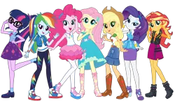 Size: 8192x4748 | Tagged: safe, derpibooru import, official, applejack, fluttershy, pinkie pie, rainbow dash, rarity, sci-twi, sunset shimmer, twilight sparkle, equestria girls, equestria girls series, absurd resolution, boots, bowtie, bracelet, clothes, converse, dress, feet, female, freckles, glasses, hat, high heel boots, humane five, humane seven, humane six, jacket, jewelry, looking at you, mane six, official art, pants, pantyhose, pose, shirt, shoes, simple background, skirt, sneakers, socks, transparent background