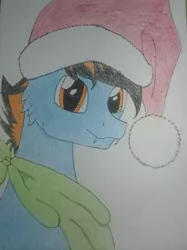 Size: 1534x2048 | Tagged: safe, derpibooru import, oc, oc:blue pixel, unofficial characters only, bandana, christmas, fangs, hat, holiday, santa hat, traditional art