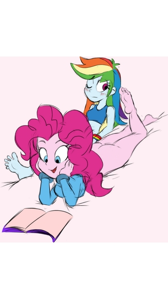 Size: 1080x1920 | Tagged: questionable, artist:sweethd, derpibooru import, edit, editor:theborman06, pinkie pie, rainbow dash, equestria girls, ass, balloonbutt, barefoot, blushing, book, bottomless, breasts, casual nudity, clothes, feet, female, females only, fetish, foot fetish, nudity, one eye closed, partial nudity, sports bra, varying degrees of want