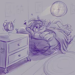 Size: 3500x3500 | Tagged: safe, artist:midnightpremiere, derpibooru import, oc, oc:ember burd, unofficial characters only, gryphon, alarm clock, bed, clock, disgruntled, eared griffon, griffon oc, grumpy, half asleep, lying down, male, morning, nightstand, paws, pillow, rug, sketch, solo, spread wings, sunlight, talons, waking up, window, wings