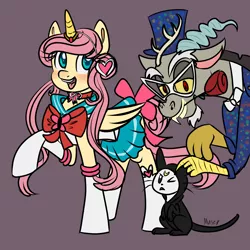 Size: 2880x2880 | Tagged: safe, artist:lamentedmusings, derpibooru import, angel bunny, discord, fluttershy, draconequus, pegasus, pony, rabbit, boots, clothes, cosplay, costume, discoshy, fake horn, female, flower, flower in mouth, gray background, luna (sailor moon), male, mare, mouth hold, otakushy, raised hoof, rose, rose in mouth, sailor moon, sailor uniform, shipping, shoes, simple background, skirt, straight, trio, tuxedo mask
