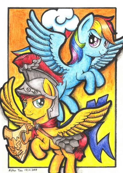 Size: 830x1163 | Tagged: safe, artist:alphatea, derpibooru import, flash magnus, rainbow dash, pegasus, pony, shadow play, armor, cutie mark, dashmagnus, female, flying, helmet, male, mare, shipping, stallion, straight, traditional art, wings