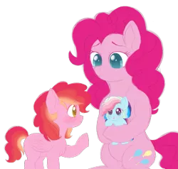 Size: 1469x1399 | Tagged: safe, artist:unoriginai, derpibooru import, pinkie pie, oc, oc:party popper, oc:sugar crash, ambiguous gender, family, female, intersex, magical lesbian spawn, mother and child, offspring, parent:pinkie pie, parent:rainbow dash, parents:pinkiedash, siblings, story included