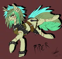 Size: 2803x2660 | Tagged: safe, artist:brainiac, derpibooru import, oc, oc:piper, unofficial characters only, unicorn, fallout equestria, armor, bottlecap, collar, female, flat colors, lesbian, mare, raider, raider armor, reference sheet, scar, solo, spiked armor, spiked wristband, unshorn fetlocks, wristband