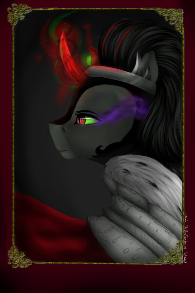 Size: 2000x3000 | Tagged: safe, artist:amywhooves, derpibooru import, king sombra, pony, unicorn, cape, clothes, crossover, dark magic, magic, male, musical, solo, stallion, the master and margarita