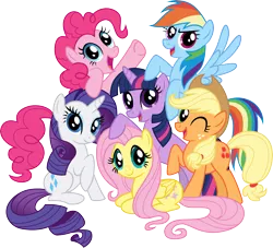 Size: 4946x4492 | Tagged: safe, artist:crunchnugget, derpibooru import, applejack, fluttershy, pinkie pie, rainbow dash, rarity, twilight sparkle, earth pony, pegasus, pony, unicorn, absurd resolution, female, mane six, mane six opening poses, mare, one eye closed, open mouth, prone, raised hoof, simple background, spread wings, transparent background, vector, wings, wink