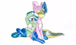 Size: 1024x605 | Tagged: safe, artist:tillie-tmb, derpibooru import, oc, oc:meadow lark, oc:tempest, unofficial characters only, earth pony, pony, unicorn, animal costume, bunny costume, clothes, costume, female, laughing, mare, sitting, socks, striped socks, traditional art, unamused