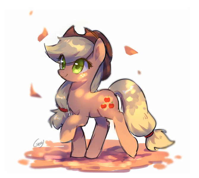 Size: 1200x1075 | Tagged: safe, artist:r1629, derpibooru import, applejack, earth pony, pony, cowboy hat, female, hat, leaves, mare, raised hoof, simple background, smiling, solo, white background