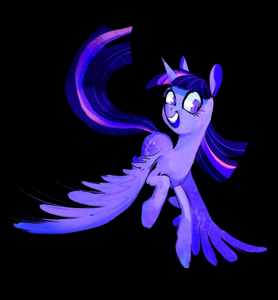 Size: 2779x3000 | Tagged: safe, artist:elisegriswold, derpibooru import, twilight sparkle, twilight sparkle (alicorn), alicorn, pony, black background, female, flying, mare, simple background, smiling, solo, spread wings, wings