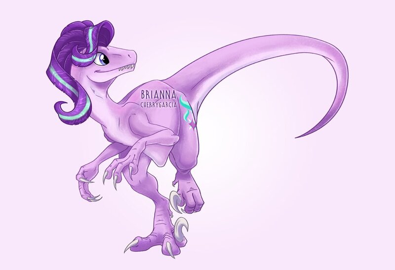 Size: 1000x684 | Tagged: artist:briannacherrygarcia, clever girl, derpibooru import, dinosaur, dinosaurified, obtrusive text, purple background, safe, simple background, solo, species swap, starlight glimmer, velociraptor, watermark