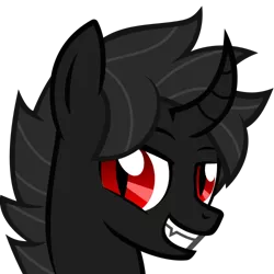 Size: 500x500 | Tagged: safe, artist:the smiling pony, derpibooru import, oc, oc:the darkness, unofficial characters only, alicorn, pony, derpibooru, .svg available, bust, curved horn, derpibooru badge, fangs, grin, meta, simple background, slit eyes, smiling, solo, svg, transparent background, vector