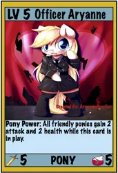 Size: 440x645 | Tagged: safe, artist:aryanne, artist:rodlee1000, derpibooru import, oc, oc:aryanne, unofficial characters only, earth pony, pony, bipedal, boots, card, card game, clothes, female, shoes, uniform