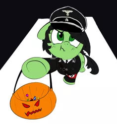 Size: 1602x1700 | Tagged: safe, artist:anonymous, derpibooru import, oc, oc:anonfilly, unofficial characters only, /mlpol/, anonymous, armband, candy, clothes, costume, cute, featured image, female, filly, food, halloween, hat, heil, holiday, image, jack-o-lantern, military uniform, nazi, nazi armband, nazi uniform, obersturmfuher, png, pumpkin, pumpkin bucket, scrunchy face, swastika, totenkopf, trick or treat, uniform