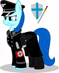 Size: 873x1080 | Tagged: safe, artist:anonymous, derpibooru import, oc, unofficial characters only, earth pony, pony, boots, female, gun, handgun, holster, military, nazi, nazi armband, pistol, schutzstaffel, shield, shoes, standing, swastika, swastikas, sword, vector, weapon