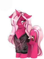 Size: 1200x1600 | Tagged: safe, artist:mrscurlystyles, derpibooru import, oc, oc:pynk hyde, unofficial characters only, pony, unicorn, 2018 community collab, derpibooru community collaboration, clothes, female, guitar, hair over one eye, jacket, mare, simple background, transparent background