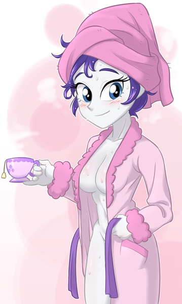 Size: 760x1270 | Tagged: suggestive, artist:ta-na, derpibooru import, rarity, equestria girls, absolute cleavage, after shower, bathrobe, blushing, bottomless, braless, breasts, busty rarity, casual nudity, cleavage, clothes, cup, female, food, looking at you, no bra underneath, no panties, no underwear, nudity, open clothes, raritea, robe, sexy, smiling, solo, solo female, strategically covered, stupid sexy rarity, tea, teabag, teacup, towel