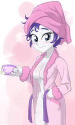 Size: 760x1270 | Tagged: suggestive, artist:ta-na, derpibooru import, rarity, equestria girls, absolute cleavage, after shower, bathrobe, blushing, bottomless, braless, breasts, busty rarity, casual nudity, cleavage, clothes, cup, female, food, looking at you, no bra underneath, no panties, no underwear, nudity, open clothes, raritea, robe, sexy, smiling, solo, solo female, strategically covered, stupid sexy rarity, tea, teabag, teacup, towel