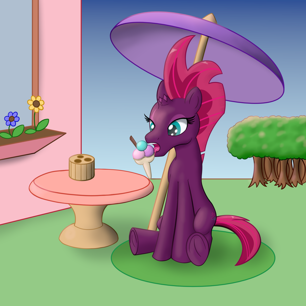 Size: 2560x2560 | Tagged: safe, alternate version, artist:cybersquirrel, derpibooru import, fizzlepop berrytwist, tempest shadow, unicorn, my little pony: the movie, broken horn, eye scar, flower, food, forest, frog (hoof), ice cream, licking, outdoors, scar, shading, sitting, table, tongue out, tree, umbrella, underhoof, window