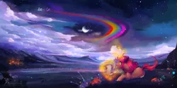 Size: 4508x2254 | Tagged: safe, artist:wilvarin-liadon, derpibooru import, rainbow dash, twilight sparkle, twilight sparkle (alicorn), oc, oc:cinder, alicorn, pegasus, pony, unicorn, arcane arts, arcane magic, campsite, cloud, crescent moon, curved horn, cute, feather, female, field, floppy ears, flying, glowing horn, grass, levitation, looking up, magic, mare, moon, mountain, night, night sky, pen, ponyville, prone, quill, rainbow, rainbow trail, scenery, scenery porn, scroll, sky, solo focus, spread wings, stars, telekinesis, wings, writing