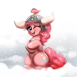 Size: 1000x1000 | Tagged: safe, artist:confetticakez, derpibooru import, pinkie pie, earth pony, pony, not asking for trouble, cute, diapinkes, female, helmet, honorary yak horns, horned helmet, looking at you, mare, one eye closed, sitting, smiling, snow, solo, viking helmet, wink