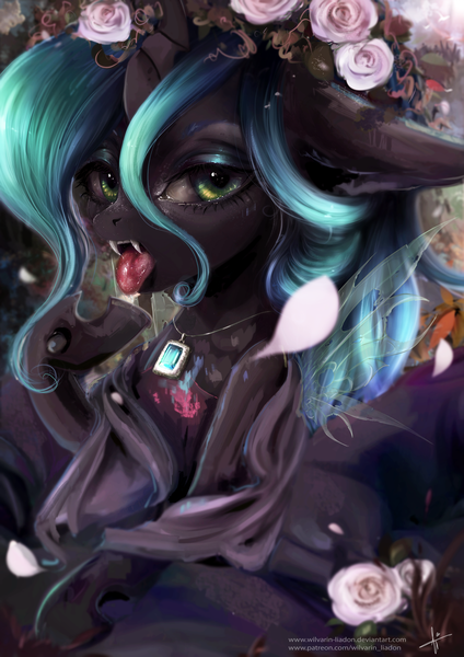 Size: 2059x2912 | Tagged: suggestive, artist:wilvarin-liadon, derpibooru import, queen chrysalis, changeling, changeling queen, fangs, female, flower, looking at you, open mouth, solo, tongue out