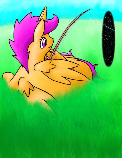 Size: 1700x2200 | Tagged: alicorn, alicornified, artist:chickengoddess, bad shading, derpibooru import, fishing, fishing rod, horn, portal, race swap, safe, scootacorn, scootaloo, smiling, sunset, wings